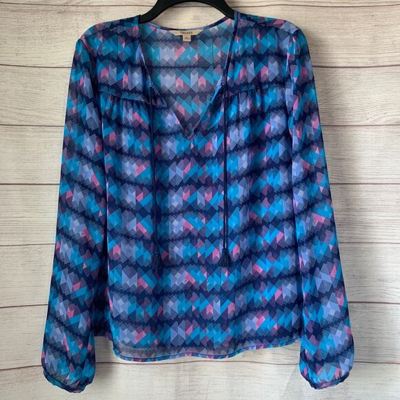 Decree Blue and Pink Abstract Blouse Tassel Tie String Long Sleeve Size Medium - Picture 11 of 15